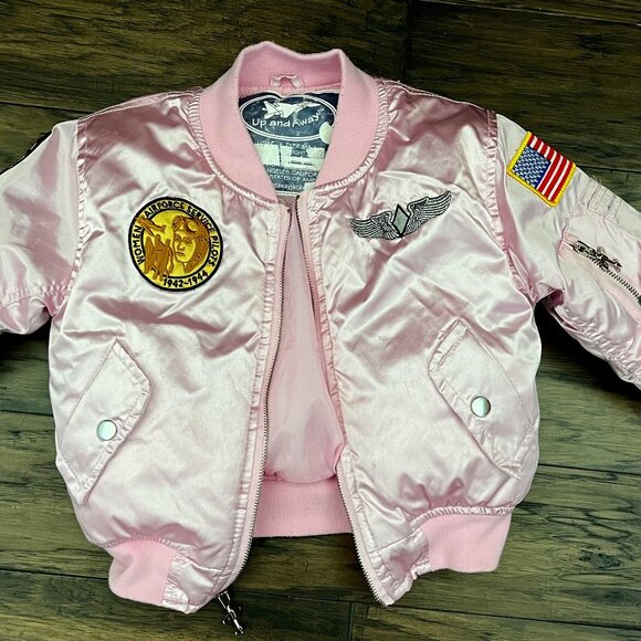 Up and Away Pink MA-1 Flight Jacket with Patches and Airplane Zippers S (4/5)